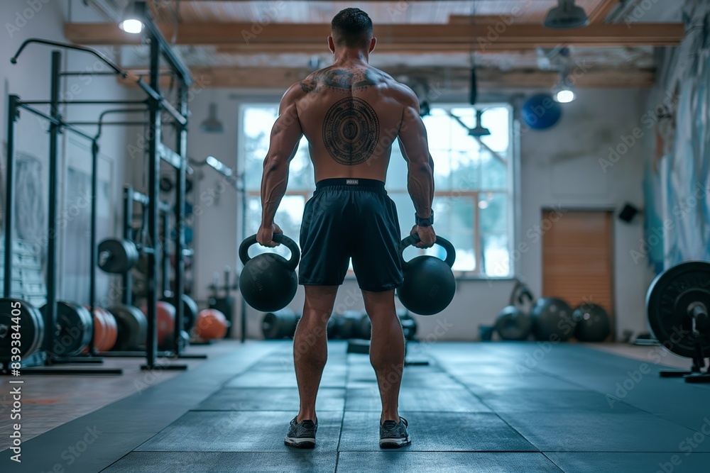 In a gym setting, a muscular man exercises while sporting black shorts In a gym setting, a muscular man exercises while sporting black shorts
