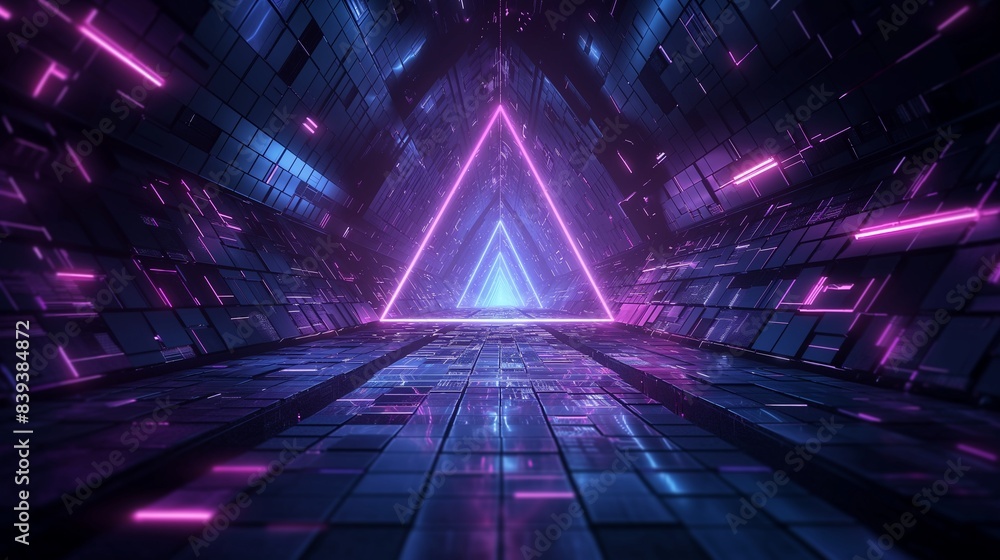 Naklejka premium Futuristic Neon Triangle in Sci-Fi Corridor