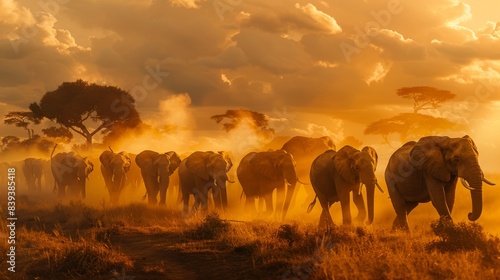 A group of elephants walk through the African savanna at sunset