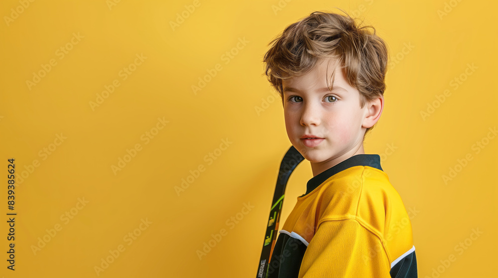 Athletic boy with a hockey stick on pastel yellow background Athletic boy with a hockey stick on pastel yellow background