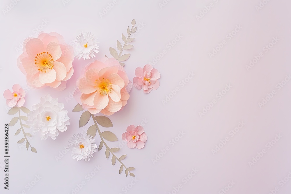 Fototapeta premium Flowers paper cut design. Beautiful spring paper cut flowers on soft color background. Valentine's Day, Birthday, Happy Woman Day, Mother's Day. Holiday poster and banner with flower papercut