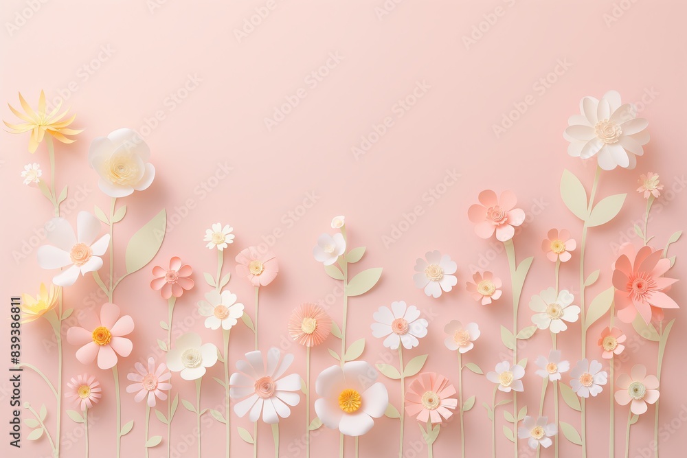 Flowers paper cut design. Beautiful spring paper cut flowers on soft color background. Valentine's Day, Birthday, Happy Woman Day, Mother's Day. Holiday poster and banner with flower papercut Flowers paper cut design. Beautiful spring paper cut flowers on soft color background. Valentine's Day, Birthday, Happy Woman Day, Mother's Day. Holiday poster and banner with flower papercut