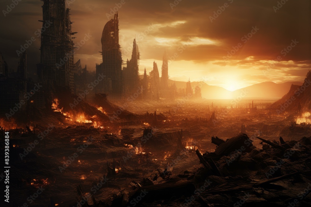 Naklejka premium Apocalyptic cityscape at sunset with fiery sky and desolate ruins, depicting a dystopian world devastated by urban decay and warfare, creating a dramatic and eerie post-disaster landscape