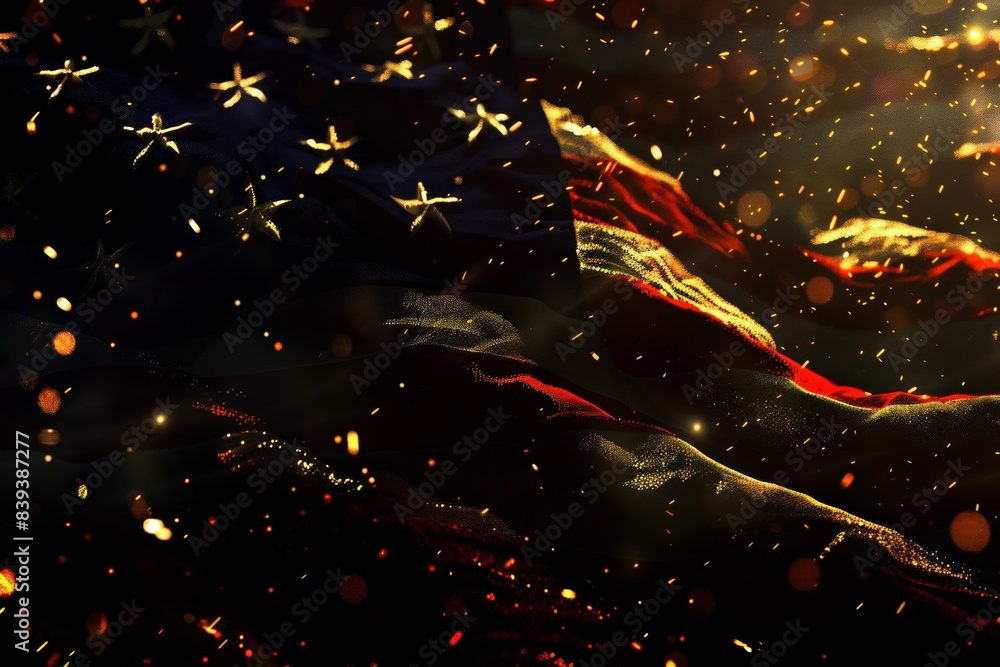 US flag on black background with golden highlights, focus on, patriotic theme US flag on black background with golden highlights, focus on, patriotic theme