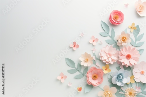 Flowers paper cut design. Beautiful spring paper cut flowers on soft color background. Valentine's Day, Birthday, Happy Woman Day, Mother's Day. Holiday poster and banner with flower papercut