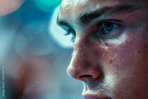 Intense Focus and Determination on an Olympic Wrestler's Face with a Vibrant Event Atmosphere