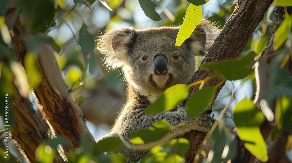 Fototapeta premium A koala sits in a eucalyptus tree, peeking through the leaves