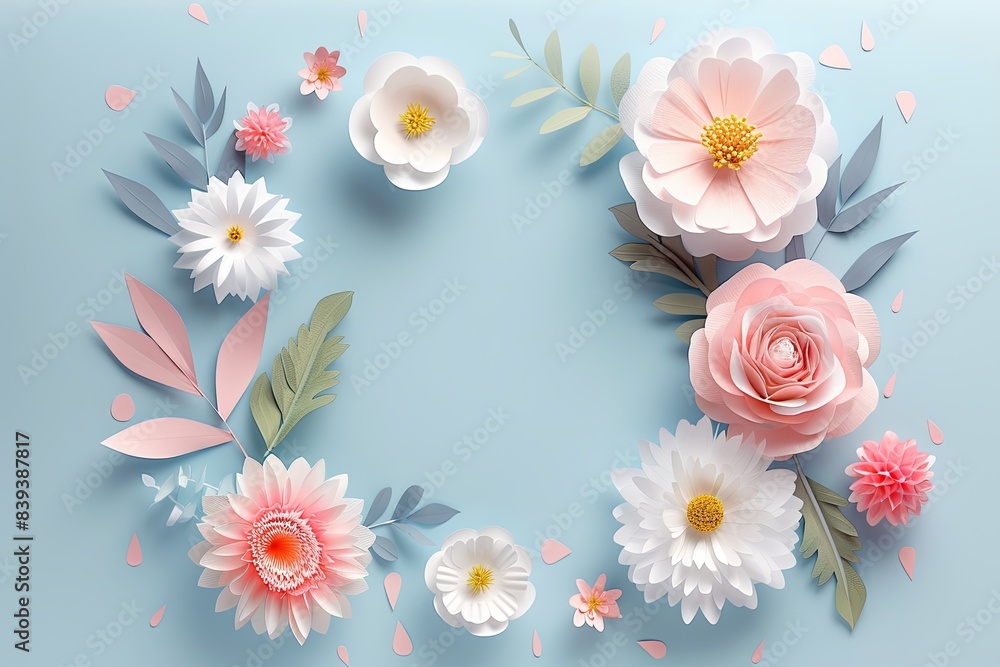 Flowers paper cut design. Beautiful spring paper cut flowers on soft color background. Valentine's Day, Birthday, Happy Woman Day, Mother's Day. Holiday poster and banner with flower papercut Flowers paper cut design. Beautiful spring paper cut flowers on soft color background. Valentine's Day, Birthday, Happy Woman Day, Mother's Day. Holiday poster and banner with flower papercut