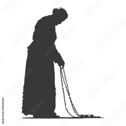 Silhouette of a somber Victorian woman dragging chains.