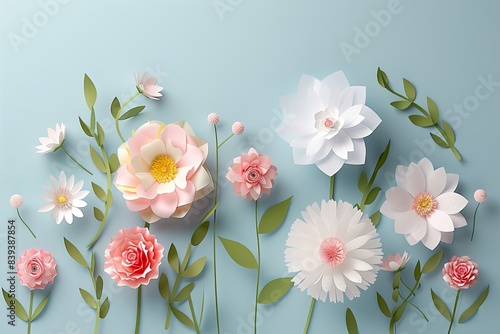 Fototapeta Naklejka Na Ścianę i Meble -  Flowers paper cut design. Beautiful spring paper cut flowers on soft color background. Valentine's Day, Birthday, Happy Woman Day, Mother's Day. Holiday poster and banner with flower papercut