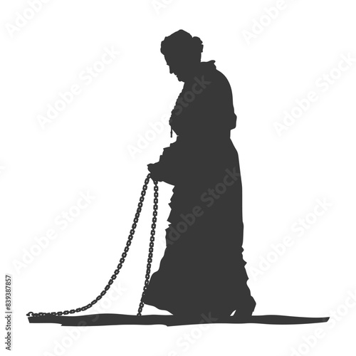 Silhouette of a Kneeling Woman Praying with Rosary Beads, Isolated on White.