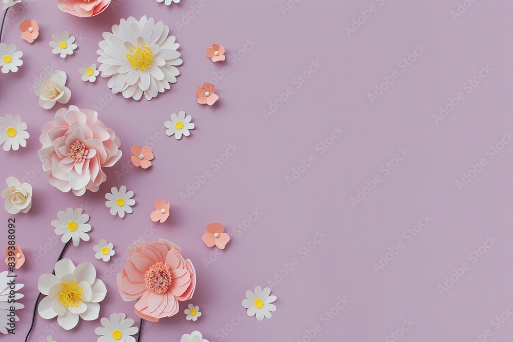 Flowers paper cut design. Beautiful spring paper cut flowers on soft color background. Valentine's Day, Birthday, Happy Woman Day, Mother's Day. Holiday poster and banner with flower papercut Flowers paper cut design. Beautiful spring paper cut flowers on soft color background. Valentine's Day, Birthday, Happy Woman Day, Mother's Day. Holiday poster and banner with flower papercut