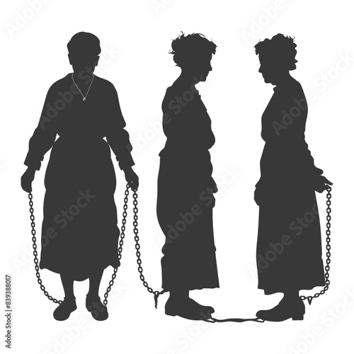 Silhouetted Woman in Historic Dress, Chain Shackles, Three Views, Depression Era Concept.