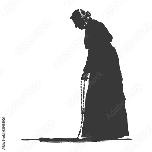 Silhouette of praying woman with rosary, vintage religious illustration.