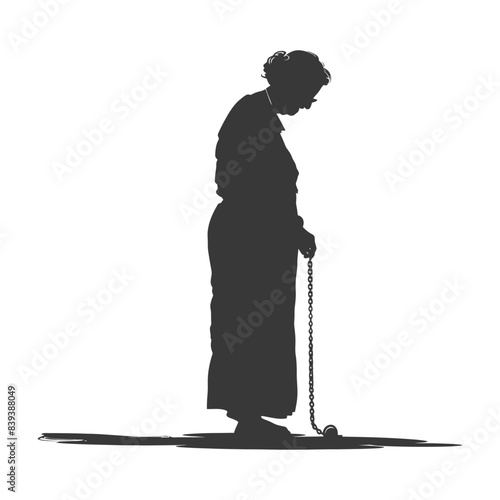 Silhouette of hunched elderly woman with cane, isolated.