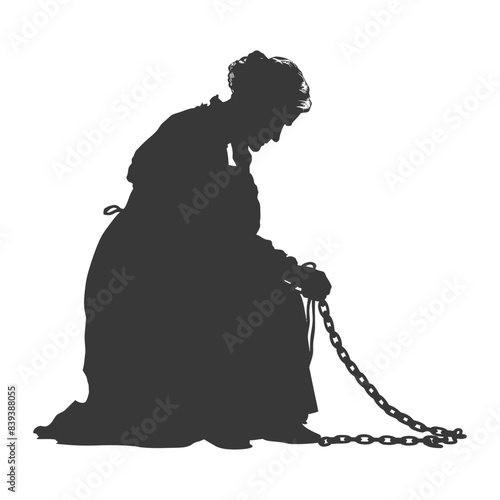 Silhouetted Woman Kneeling, Bound by Chains: Historical Oppression, Loss, and Burden.