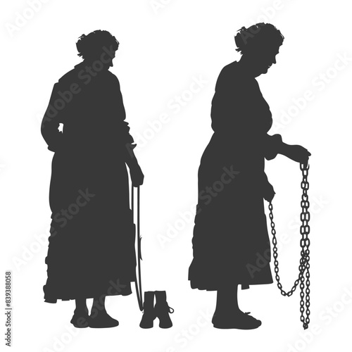 Silhouetted Elderly Woman Set: Walking Stick & Metal Chain, Facing Downward.