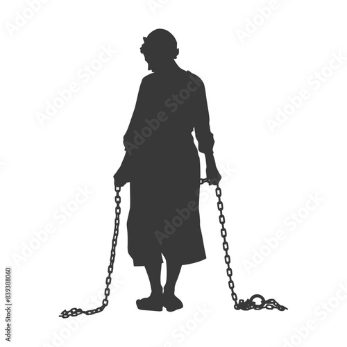 Silhouette of a chained figure in a helmet, burdened and trapped.
