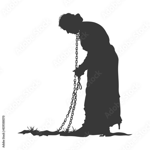 Chained Silhouette: Burdened Woman in Shadow, Head Bowed, Old Age, Isolated.