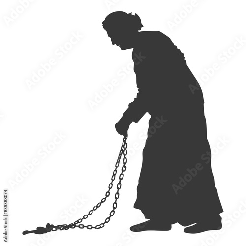 Silhouette of elderly woman dragging heavy chains.