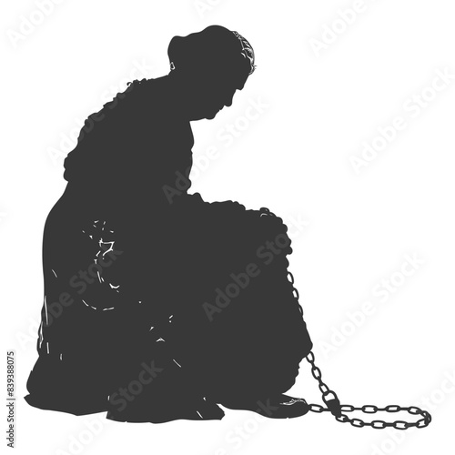 Chained Silhouette: Kneeling Woman, Oppression Symbol, Isolated on White.