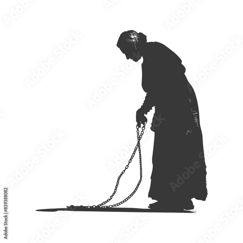 Silhouetted Woman in Long Dress Dragging Chains: Isolation and Burden.