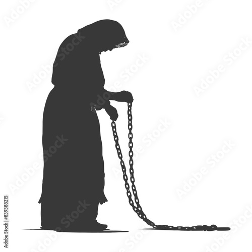 Silhouette of a cloaked woman burdened by heavy chains, symbol of oppression.