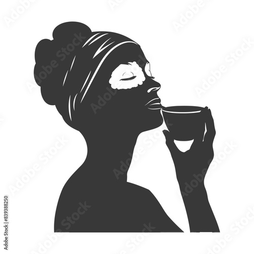 Silhouetted Woman with Face Mask and Tea, Spa Relaxation Icon.
