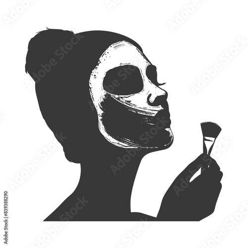 Silhouette Woman Applying Facial Mask with Brush, Skincare Treatment.