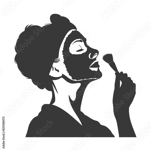 Silhouetted Woman Applying Mud Mask with Brush, Skincare Ritual, Closed Eyes, Vector.
