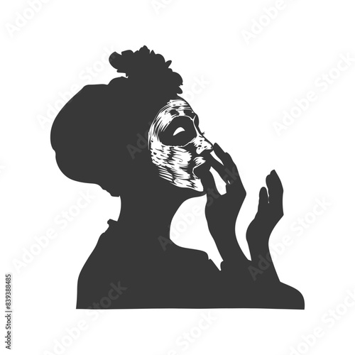 Etched Silhouette: Woman with Head Wrap, Abstract Mask, Uplifted Gaze