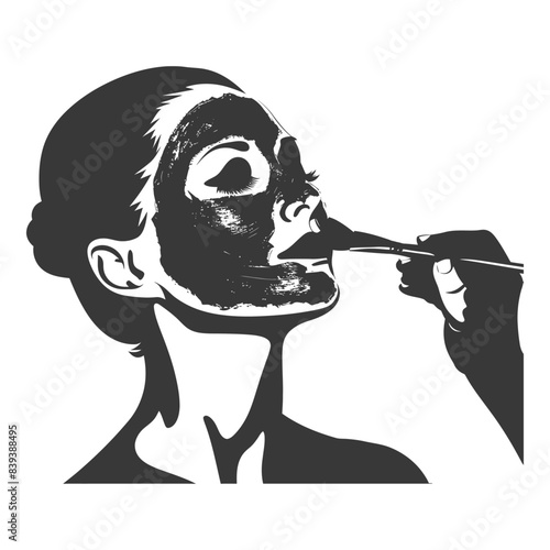 Monochrome: Applying Mud Mask to Face with Brush, Spa Treatment Graphic.