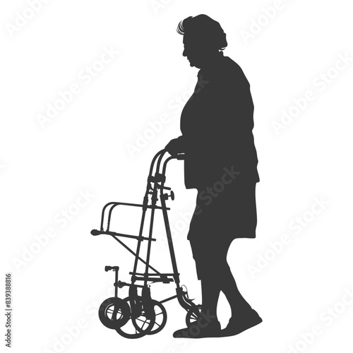 Elderly Woman Silhouette: Walker Assisted Movement, Isolated on White.
