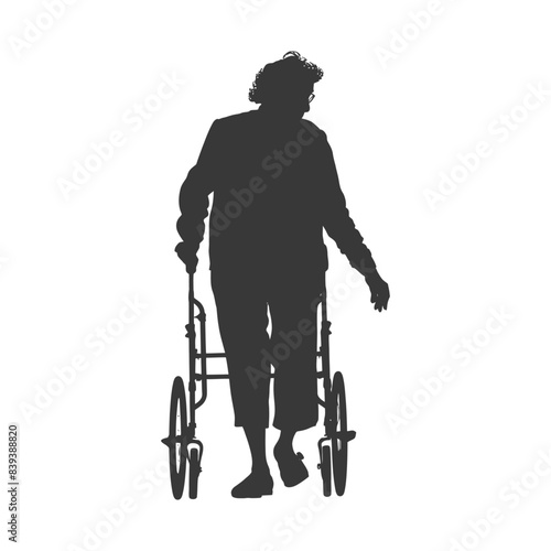 Silhouette: Elderly woman using a walker, isolated on white, reaching forward.