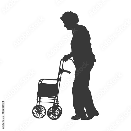 Silhouette of Elderly Woman with Walker, Senior Support on White.