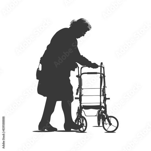 Elderly Woman Silhouette with Walker, Isolated White Background.