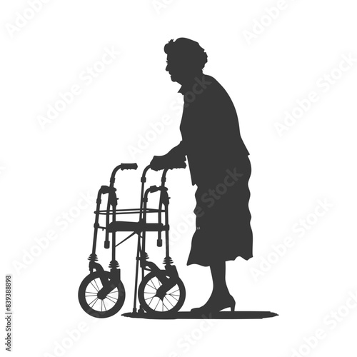 Silhouette of Elderly Woman Using Walker, White Background.