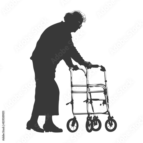 Silhouette of Elderly Woman Using Walker, Black and White Isolation.