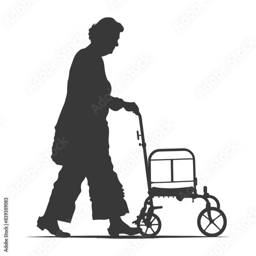 Silhouette of Elderly Woman with Rollator Walker on White.
