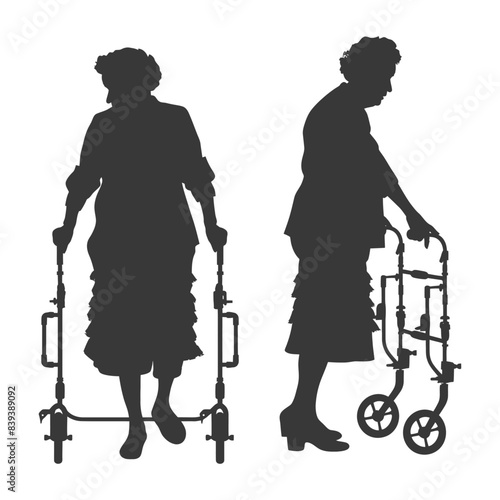 Elderly Woman Silhouette Duo: Front & Side Views with Walker, Gray Scale