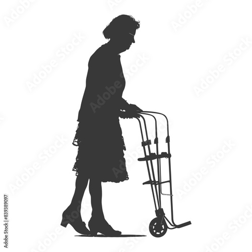Silhouette of Elderly Woman Using Walker, Isolated on White.