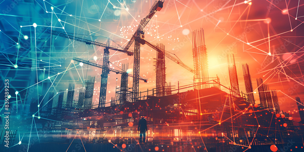 Modern construction site with a digital overlay representing future technological integration, Building infrastructure combined with technological networks highlighting the future of construction Modern construction site with a digital overlay representing future technological integration, Building infrastructure combined with technological networks highlighting the future of construction