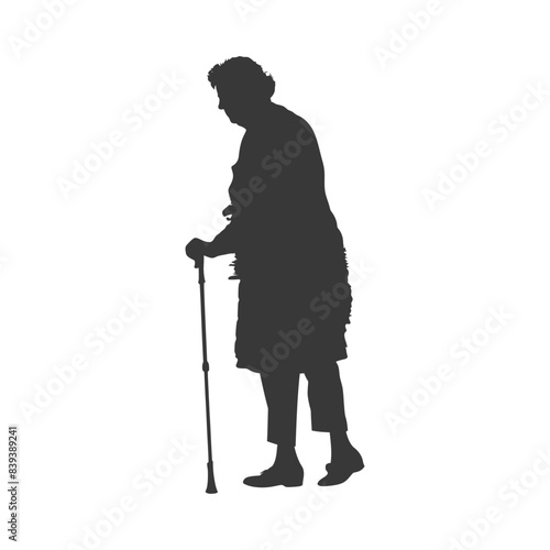 Silhouette of Senior Woman Walking with Cane on White.