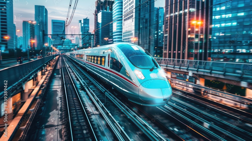 High-speed train network interface, visualizing the seamless integration of maglev technology across an urban landscape Generative Ai High-speed train network interface, visualizing the seamless integration of maglev technology across an urban landscape Generative Ai