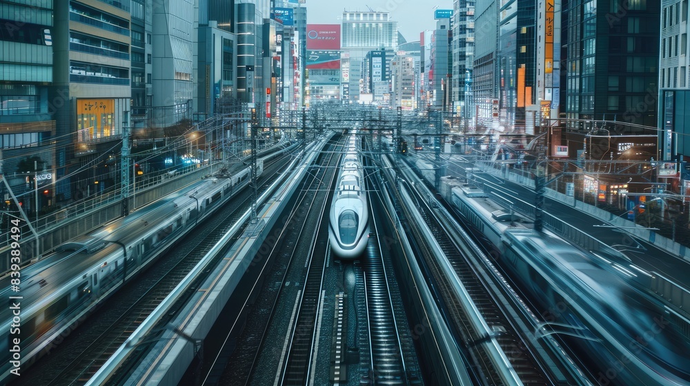 Fototapeta premium High-speed train network interface, visualizing the seamless integration of maglev technology across an urban landscape Generative Ai