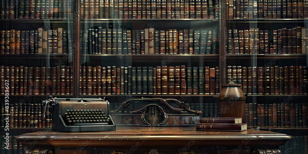 The Forgotten Library of Glass: Rows of dusty books, hidden behind shelves of glass, a vintage typewriter atop a antique desk The Forgotten Library of Glass: Rows of dusty books, hidden behind shelves of glass, a vintage typewriter atop a antique desk