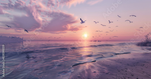 a secluded beach at twilight, where gentle waves lap against the shore and seagulls glide effortlessly on the breeze photo