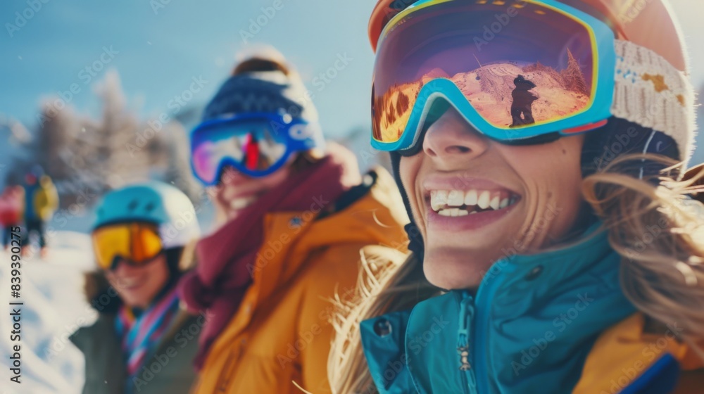 a group of friends, showcasing winter sports gear in a setting of a snowy ski resort, emphasizing fun and the excitement of winter activities. a group of friends, showcasing winter sports gear in a setting of a snowy ski resort, emphasizing fun and the excitement of winter activities.
