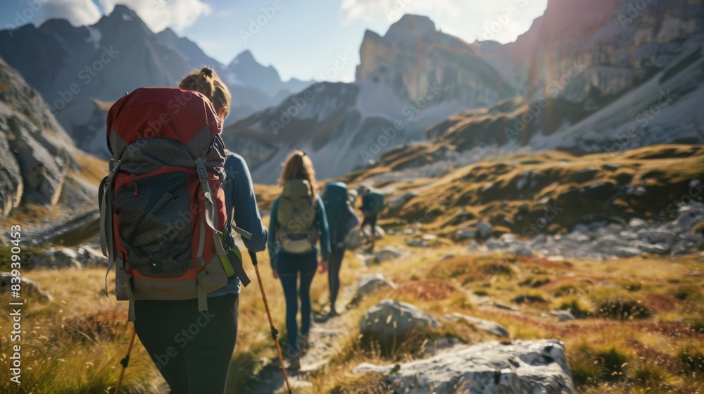 Obraz premium a group of hikers, showcasing rugged outdoor gear in a setting of a breathtaking mountain range, emphasizing the thrill of adventure and nature. 