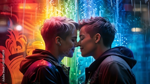 LGBT Couple Girls Kissing Under the Rain Rainbow Rain Wall Background © AI-deas